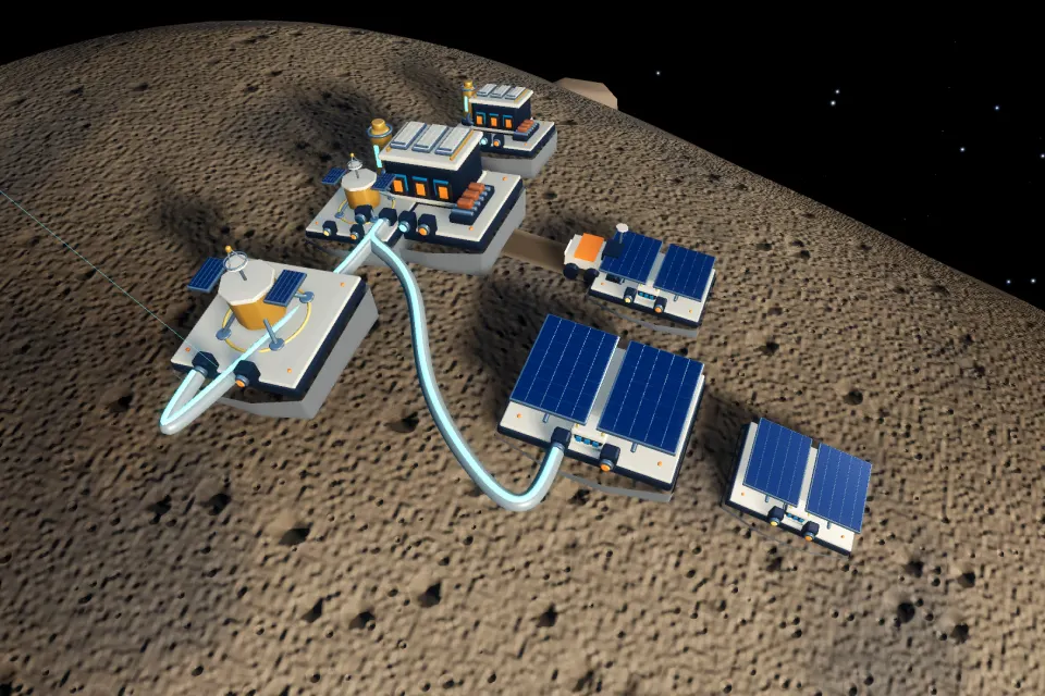 An asteroid mining base with solar panels and a smelter on a grey rubble pile