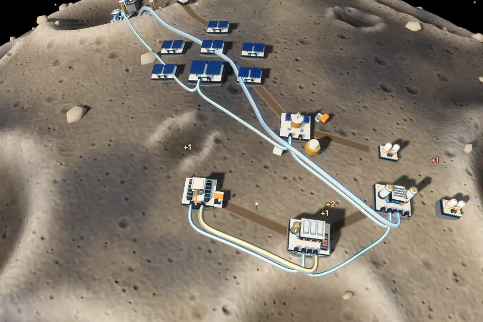 A lunar base with solar arrays, ice mines and an electrolysis plant linked by roads